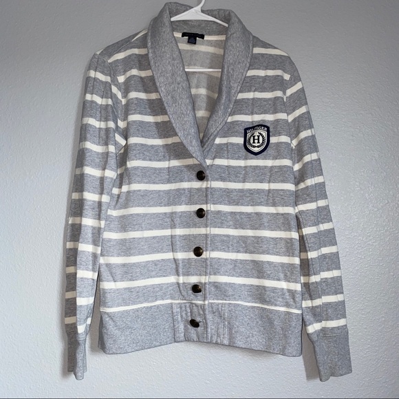 Tommy Hilfiger Gray White Striped Varsity Jacket - Picture 1 of 5